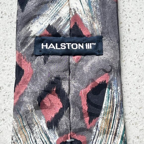 Halston III Necktie  Abstract Pattern  3 7/8" Wide Vintage Silk Y2K Geometric - Picture 3 of 7
